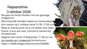 Najaars bridge drive zaterdag 3 oktober 2026