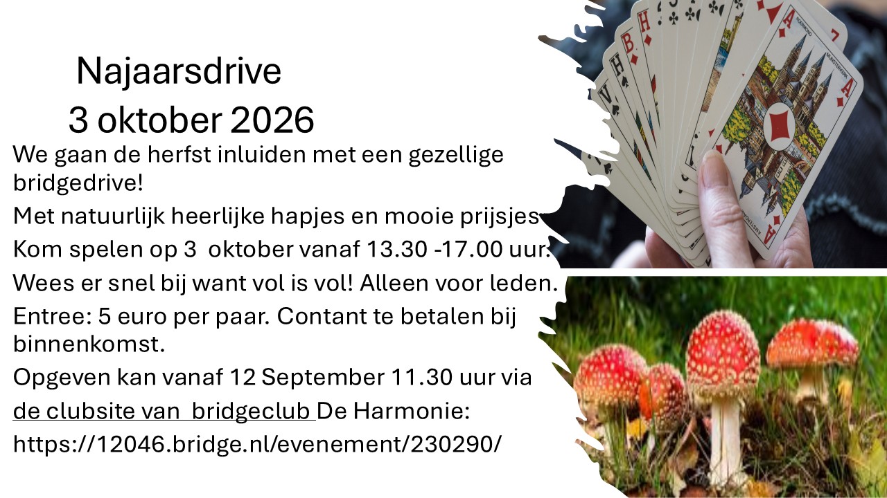 Najaars bridge drive zaterdag 3 oktober 2026